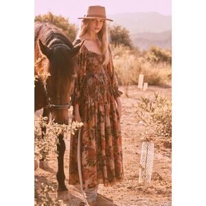 Promesa Sand Size Medium Floral Smocked Three-Quarter Sleeve Maxi Dress